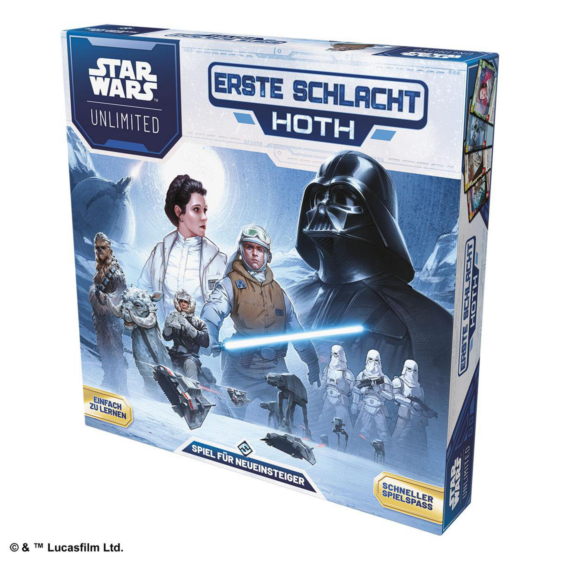 Star Wars Unlimited Hoth Brettspielbox mit Darth Vader, Luke, Leia, Chewbacca und Sturmtrupplern.