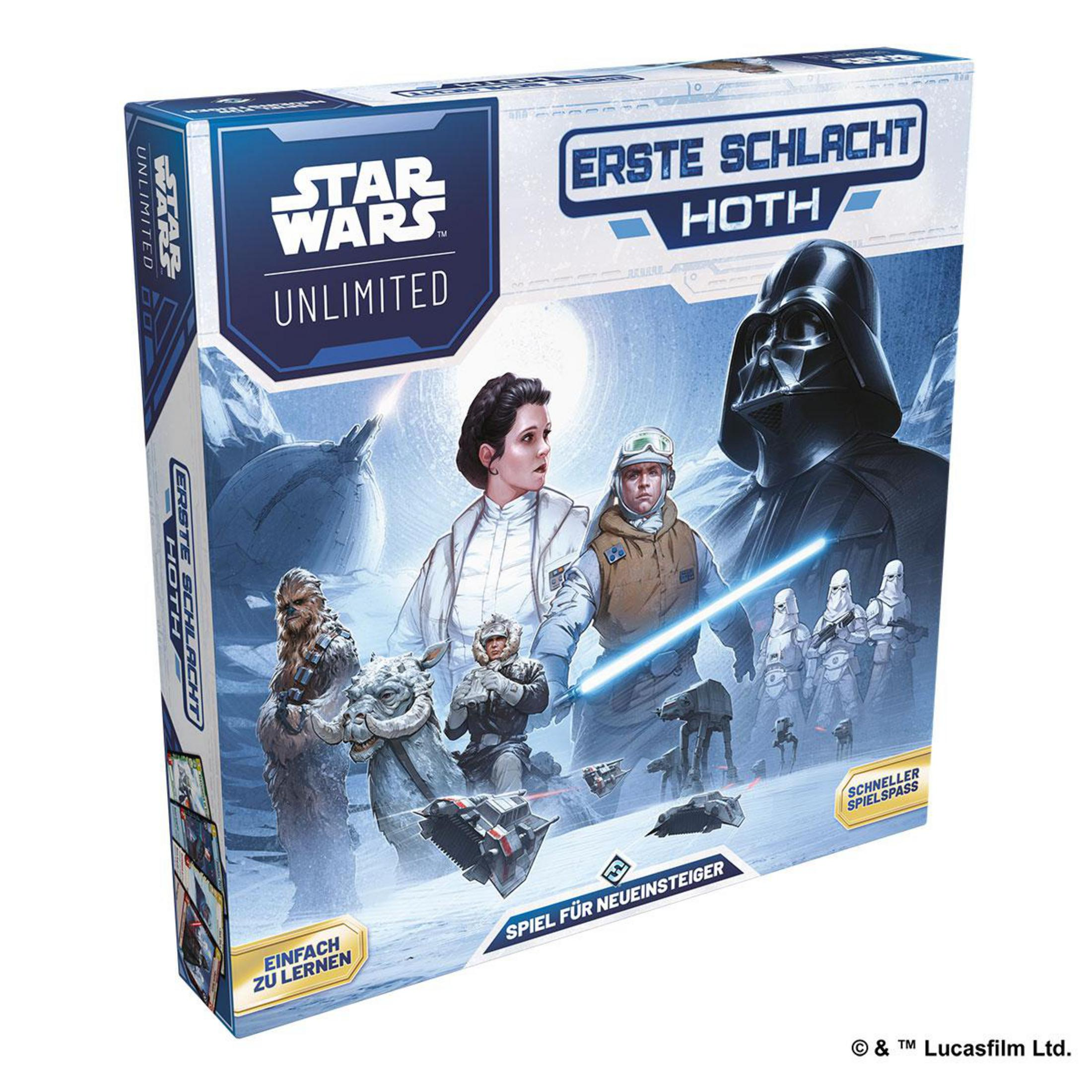 Star Wars Unlimited: Erste Schlacht auf Hoth Spielbox mit Charakteren und Fahrzeugen.