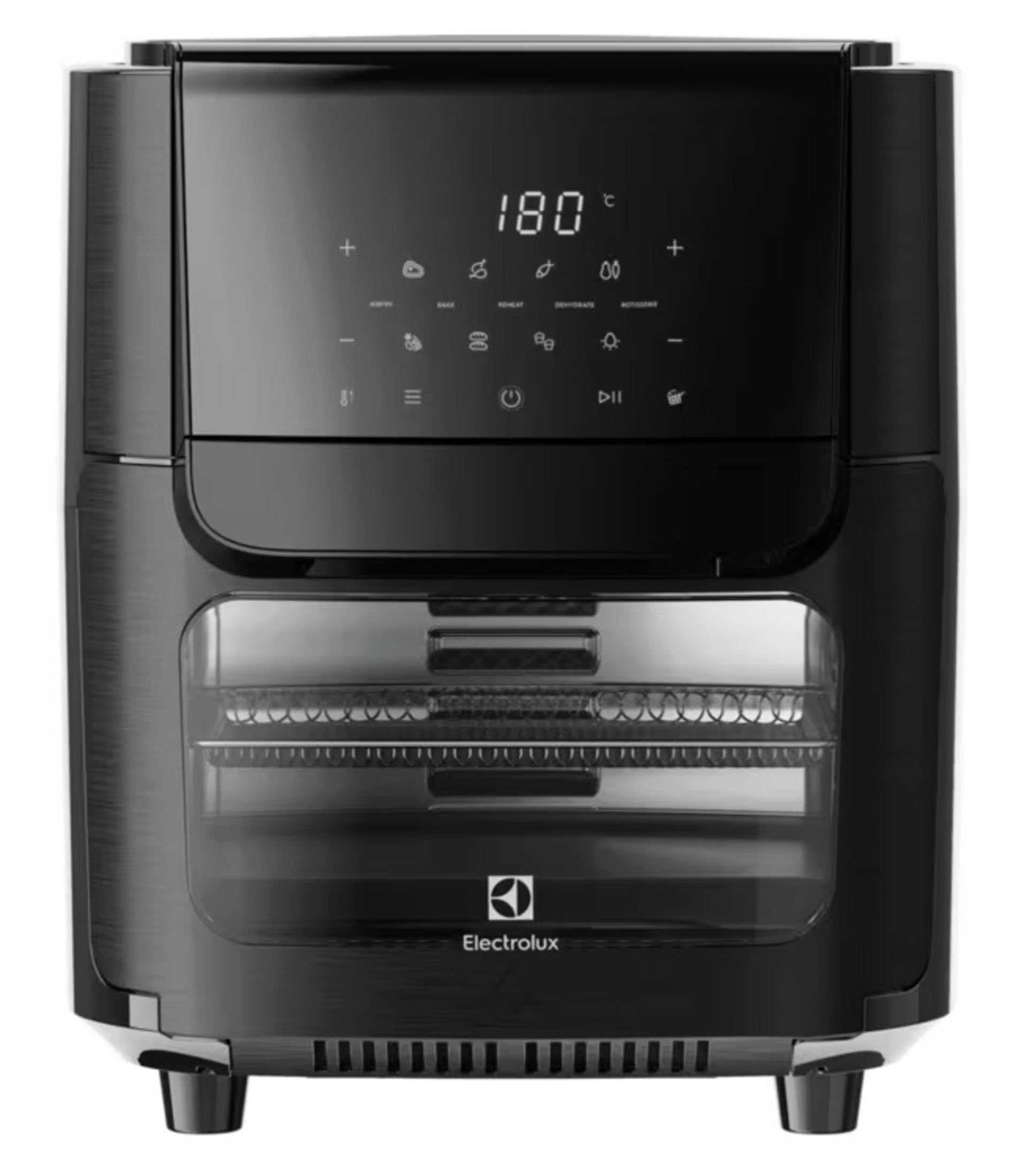 Forno friggitrice ad aria Electrolux nero con display digitale e finestra.