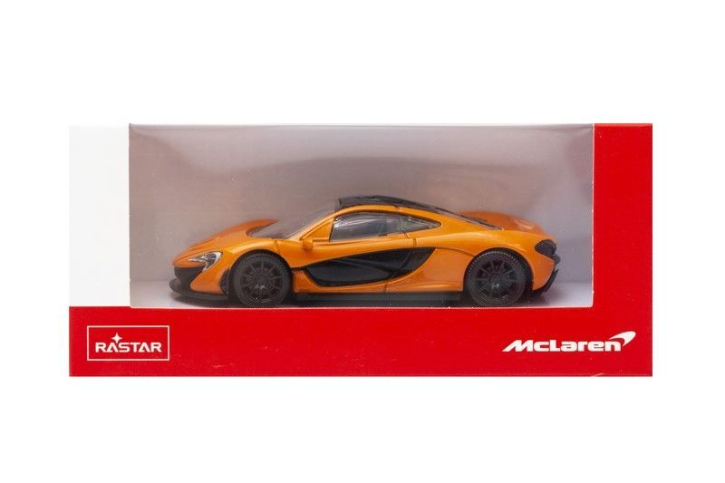 Pomarańczowy samochód zabawka McLaren P1 w opakowaniu z logo Rastar i McLaren.