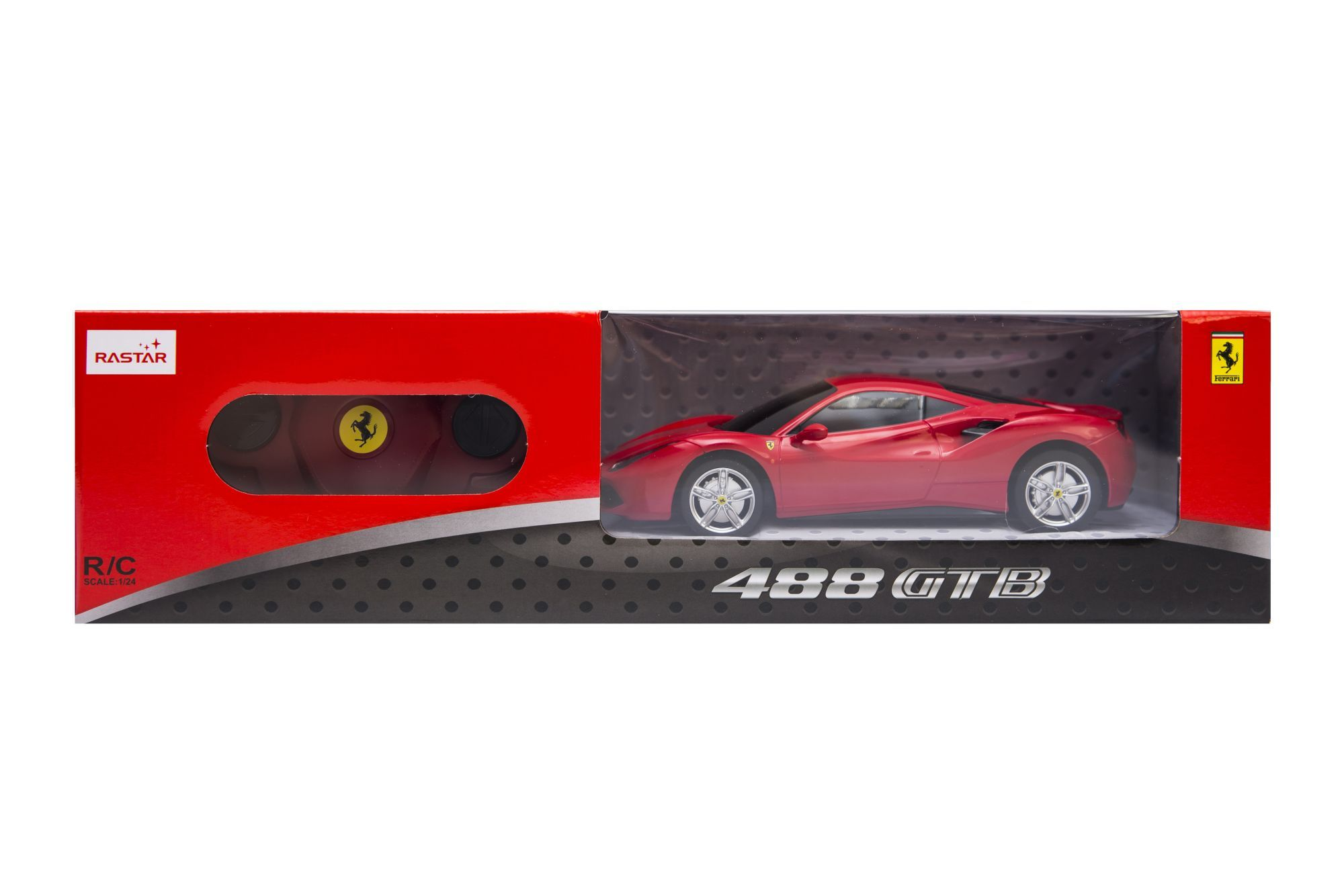 Czerwone autko Ferrari 488 GTB na pilota w opakowaniu.