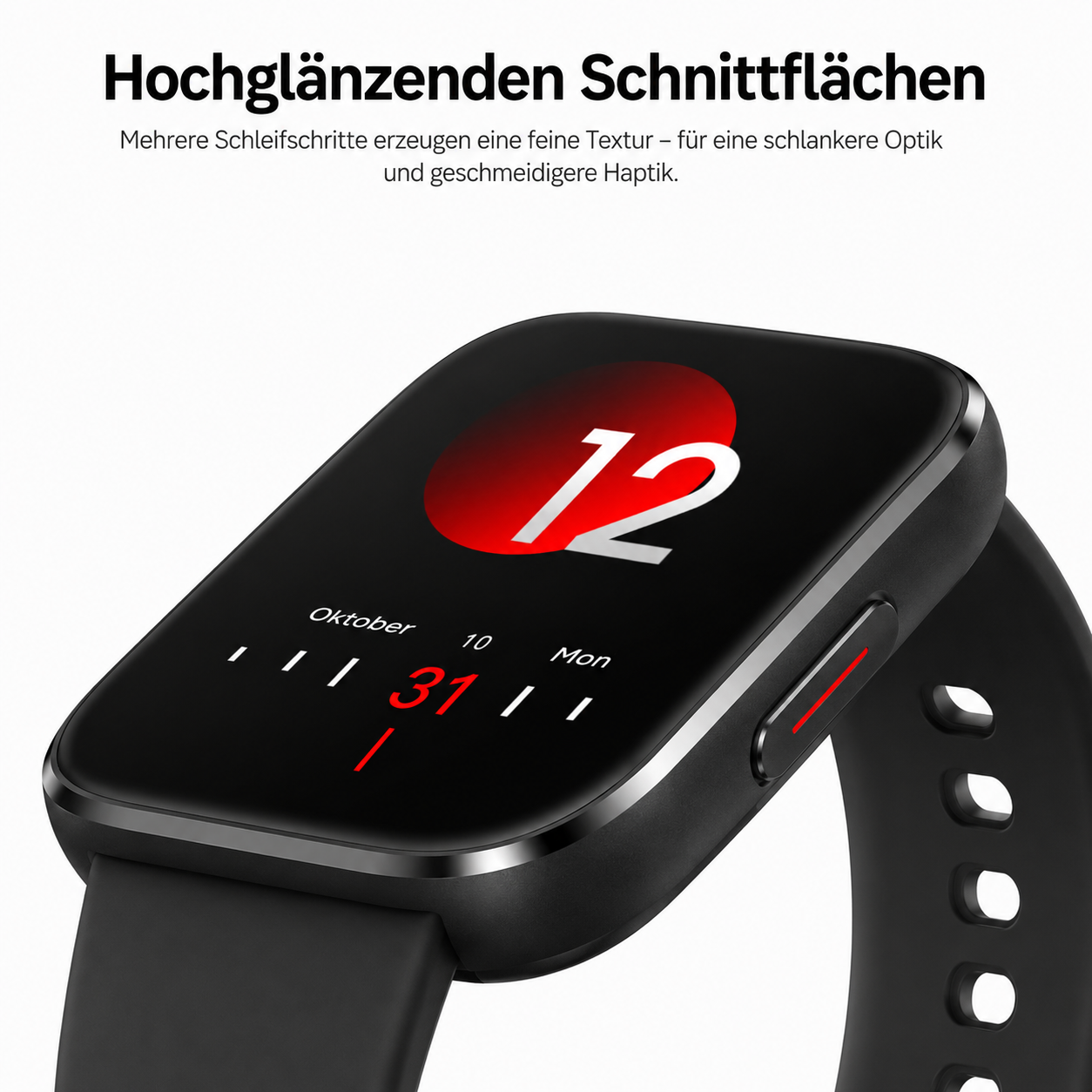 Schwarze Smartwatch mit digitaler Anzeige von Datum und Uhrzeit.