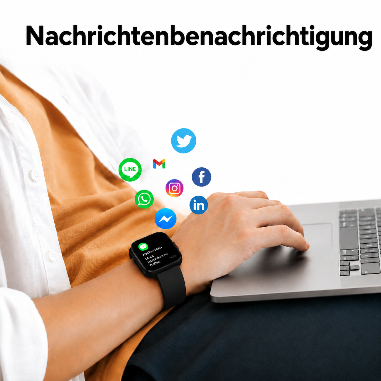 Smartwatch mit Social-Media-Icons und Benachrichtigung