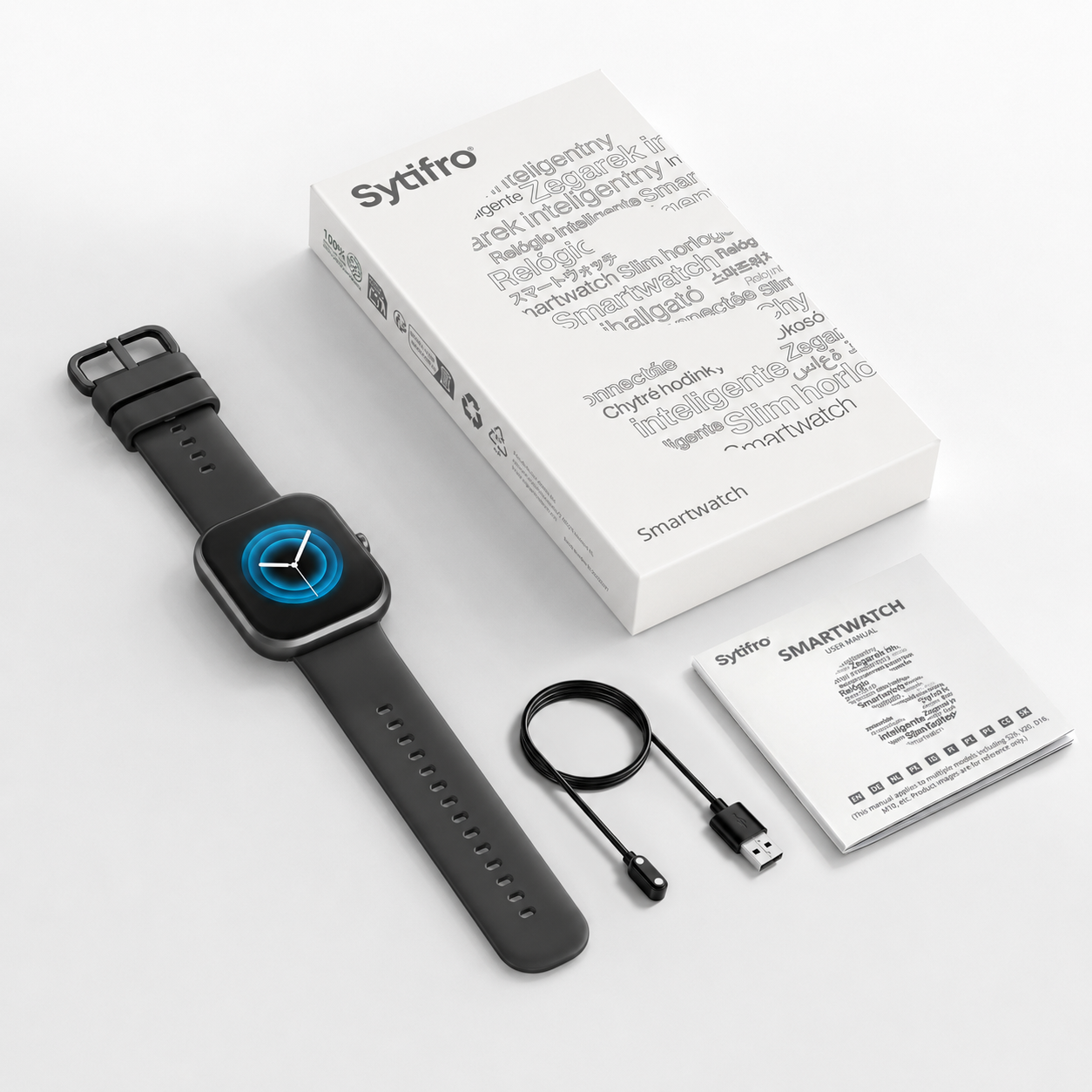 Ein schwarzes Smartwatch-Set mit Box, Handbuch und Ladekabel.