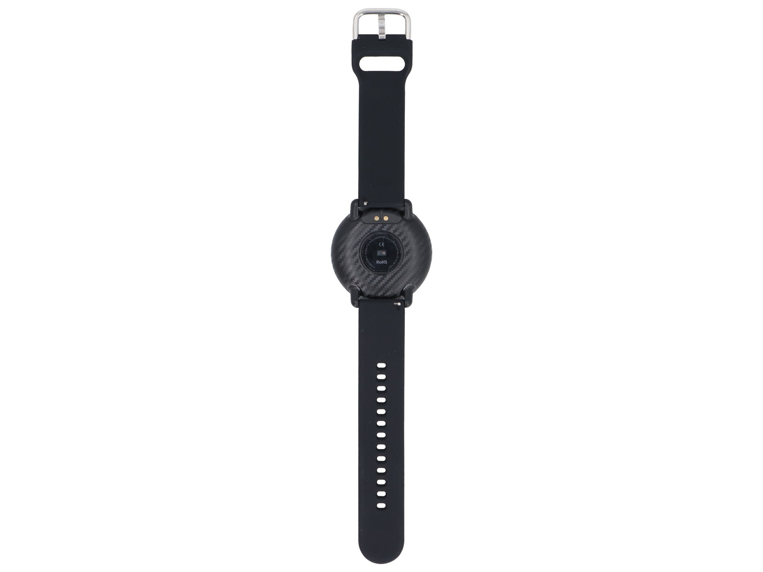 Pokazano czarny smartwatch z tyłem z włókna węglowego i metalową klamrą.