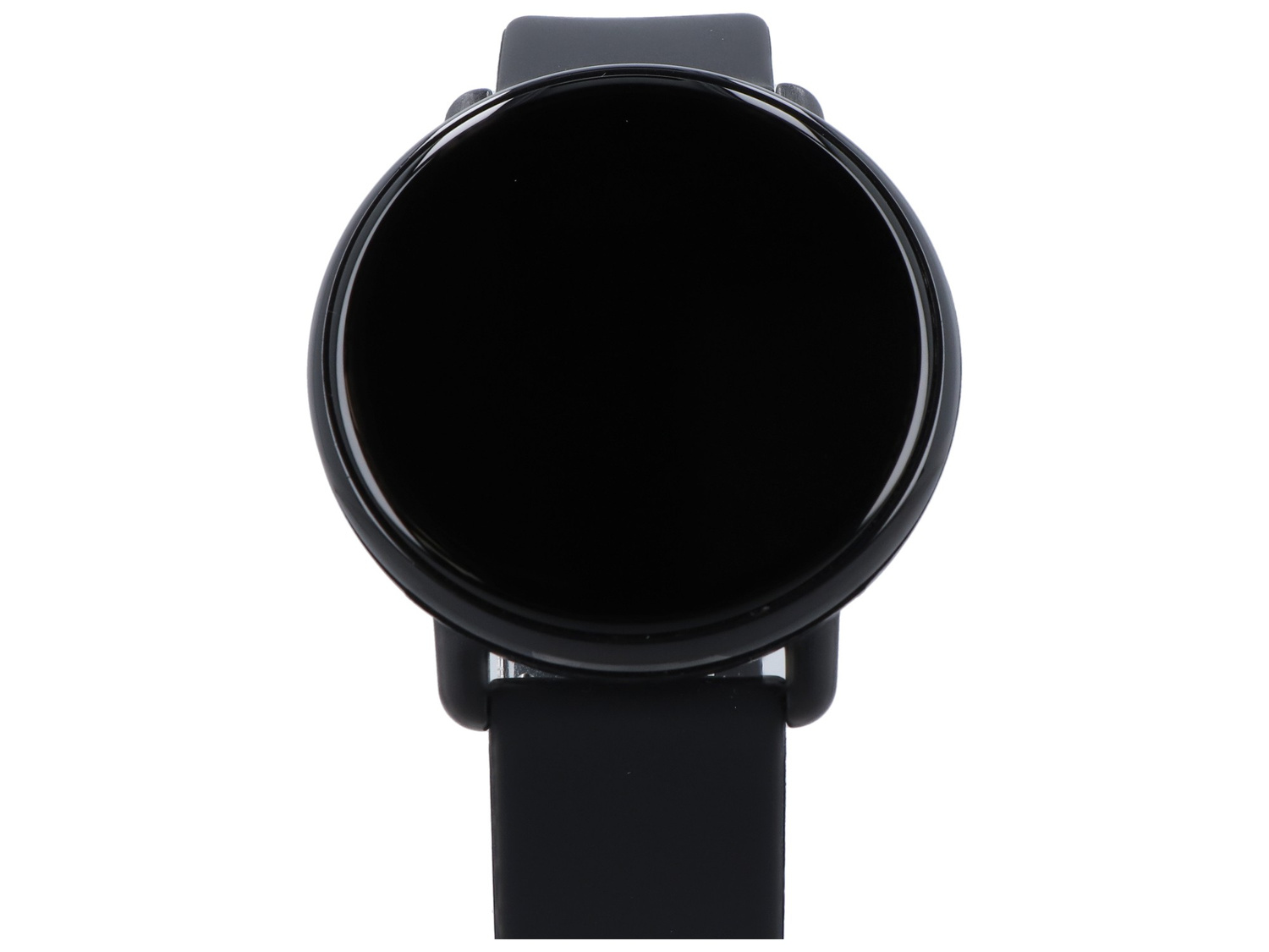 Czarny smartwatch z okrągłym, czarnym wyświetlaczem i czarnym paskiem.