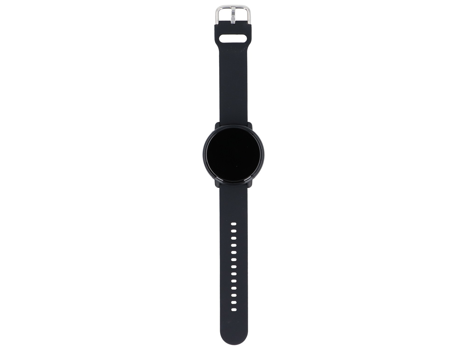 Czarny smartwatch z okrągłym wyświetlaczem i perforowaną bransoletą na białym tle.