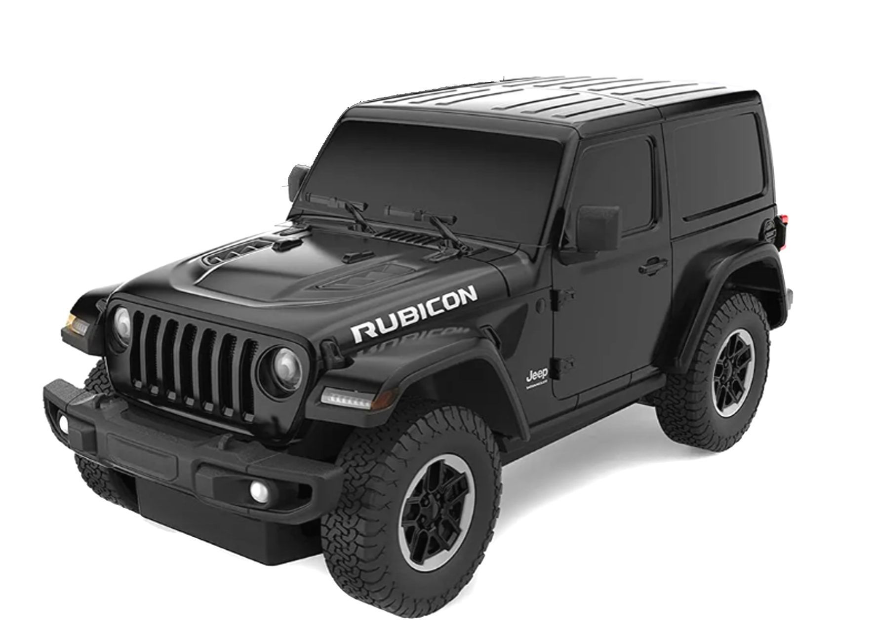 Czarny Jeep Wrangler Rubicon z napisem "RUBICON" na masce.