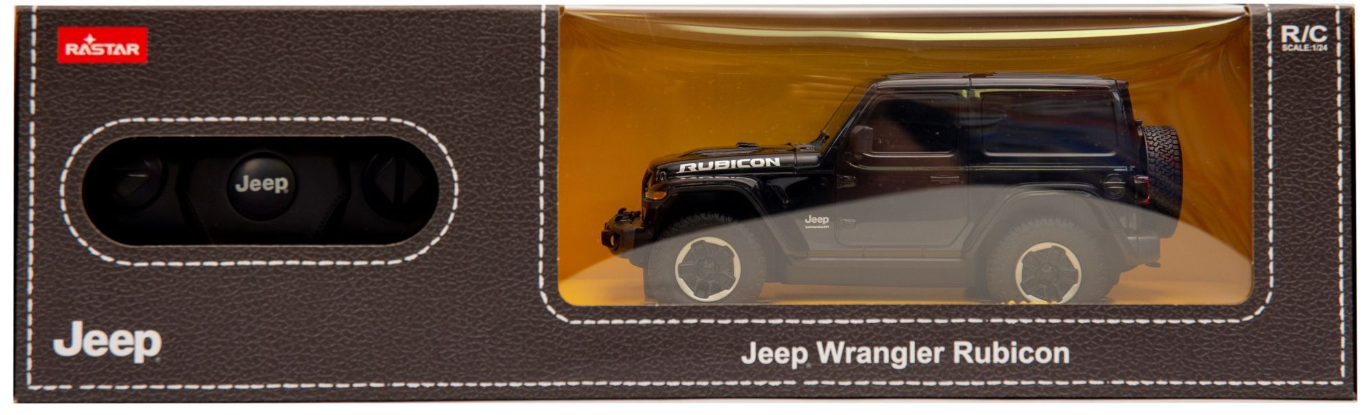 Czarny samochód zabawka Jeep Wrangler Rubicon w pudełku z pilotem.