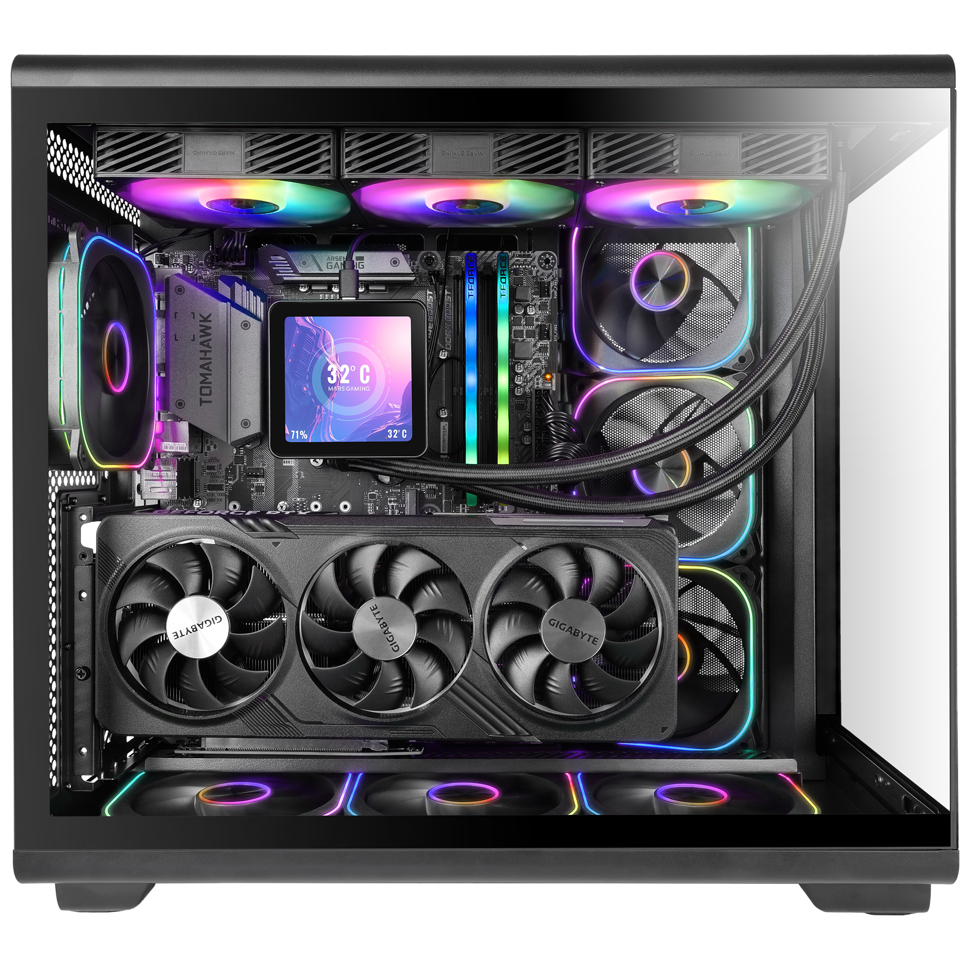 Un PC de alto rendimiento con ventiladores RGB, GPU y una pantalla pequeña.
