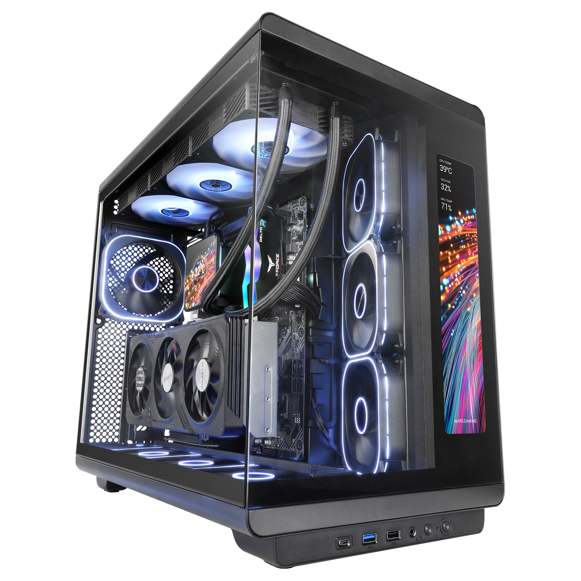 Un PC moderno con carcasa de cristal, ventiladores RGB y pantalla integrada.