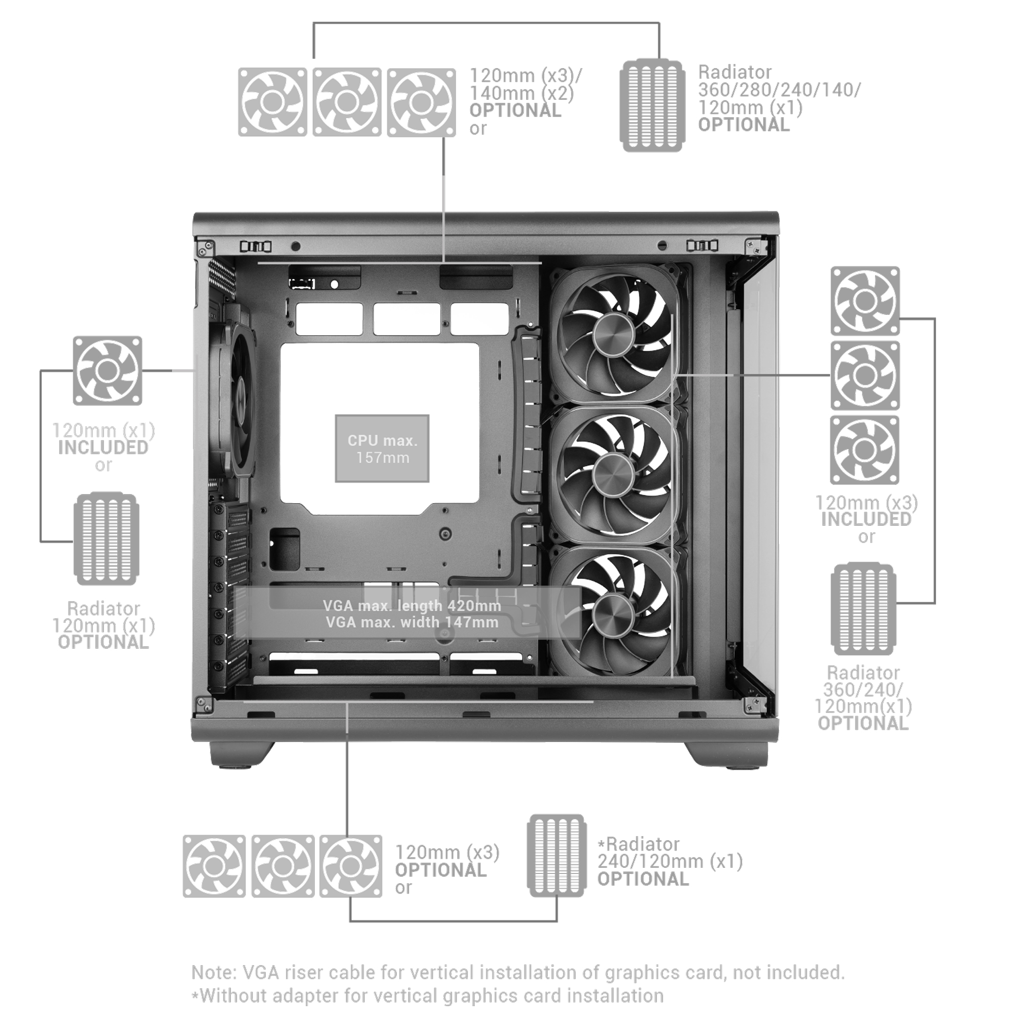 Vista interior de una caja de PC con opciones de ventilador y radiador.