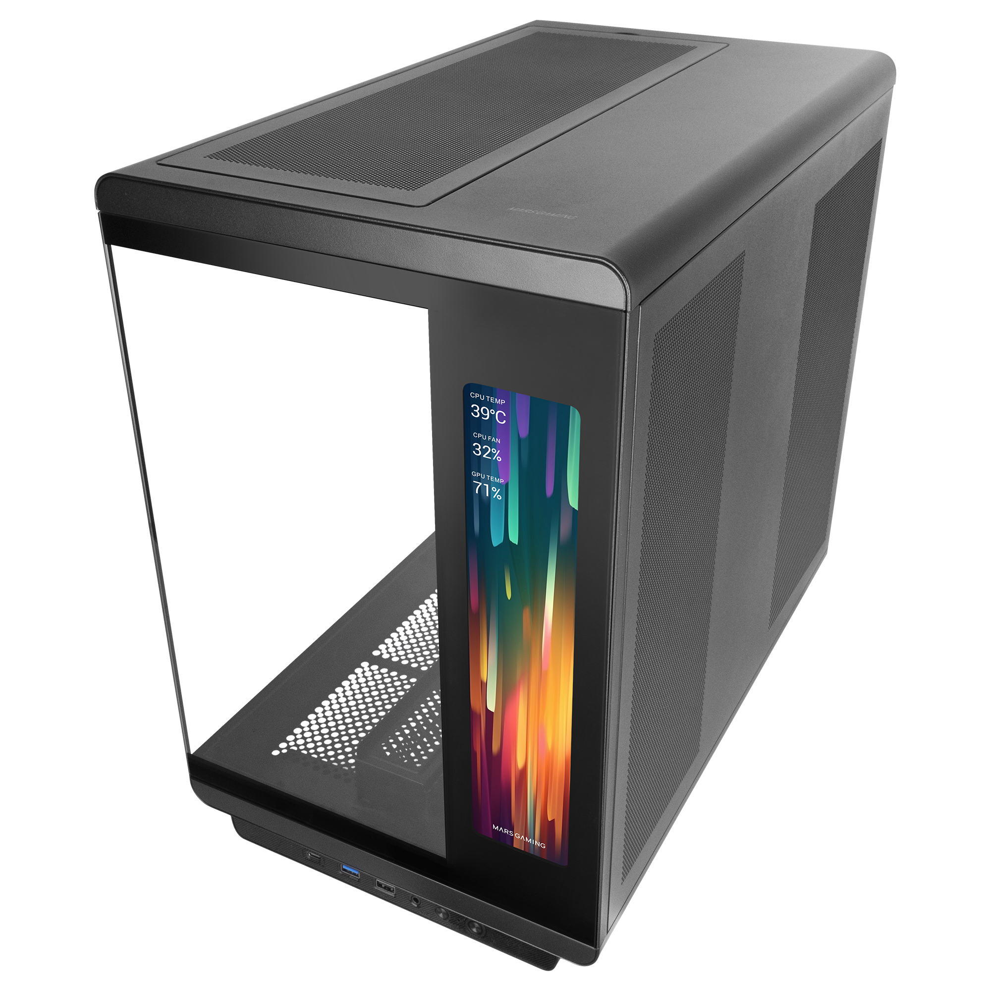 Caja de PC negra con frontal de cristal y pantalla integrada mostrando datos del sistema.