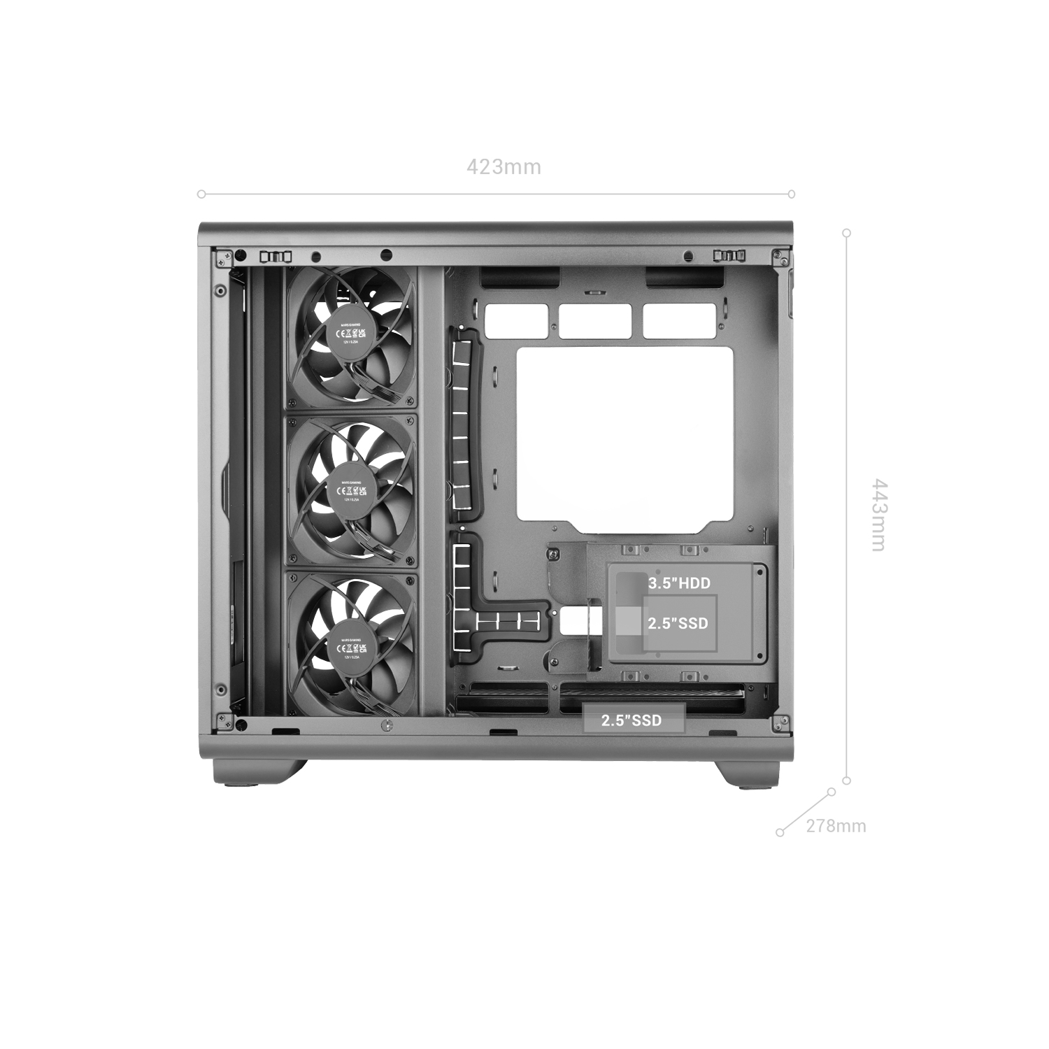 Caja de ordenador gris con ventiladores, bahías para HDD de 3,5" y SSD de 2,5".