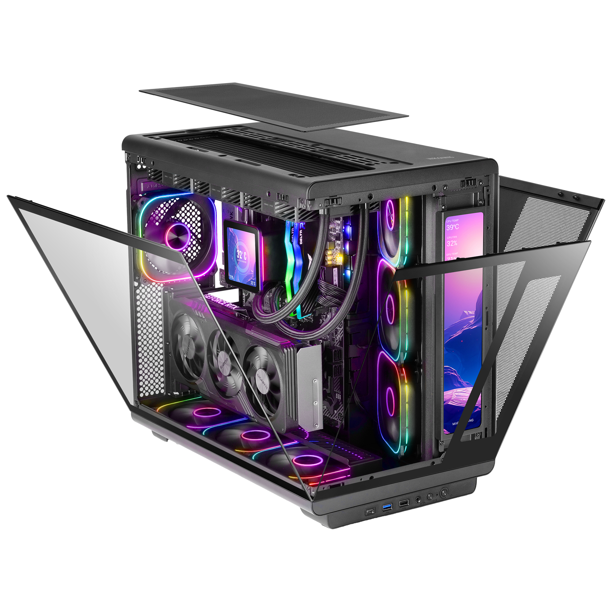 Un PC negro abierto con ventiladores RGB y tarjeta gráfica, sobre fondo blanco.