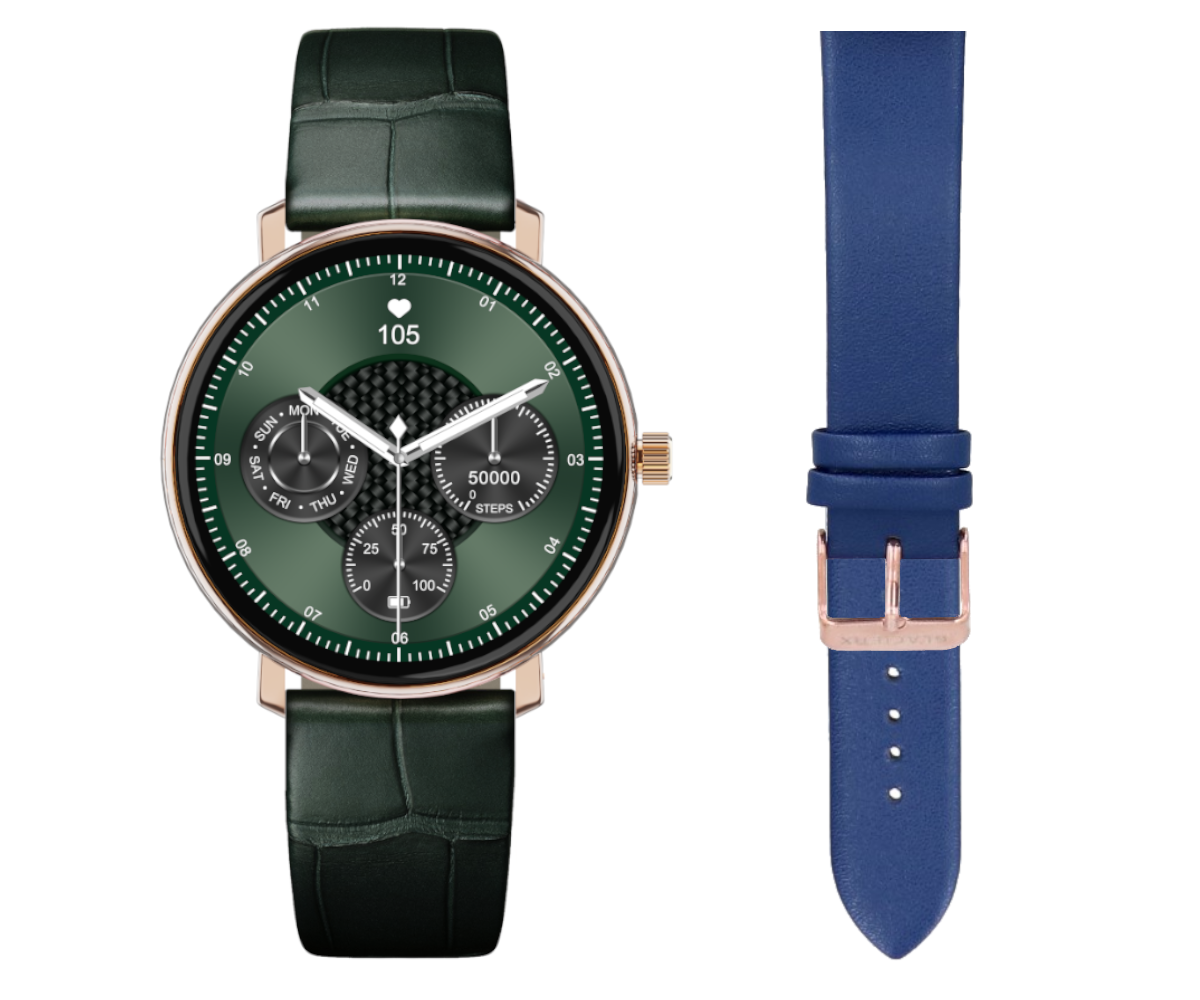 Zielony smartwatch z kopertą w kolorze różowego złota i skórzanym paskiem, obok niebieskiej opaski zapasowej.