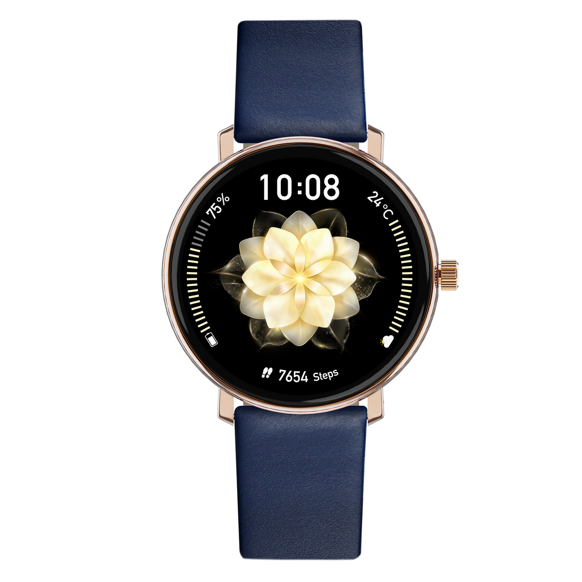 Złoty smartwatch z niebieską bransoletą pokazuje 10:08 i kwiat.