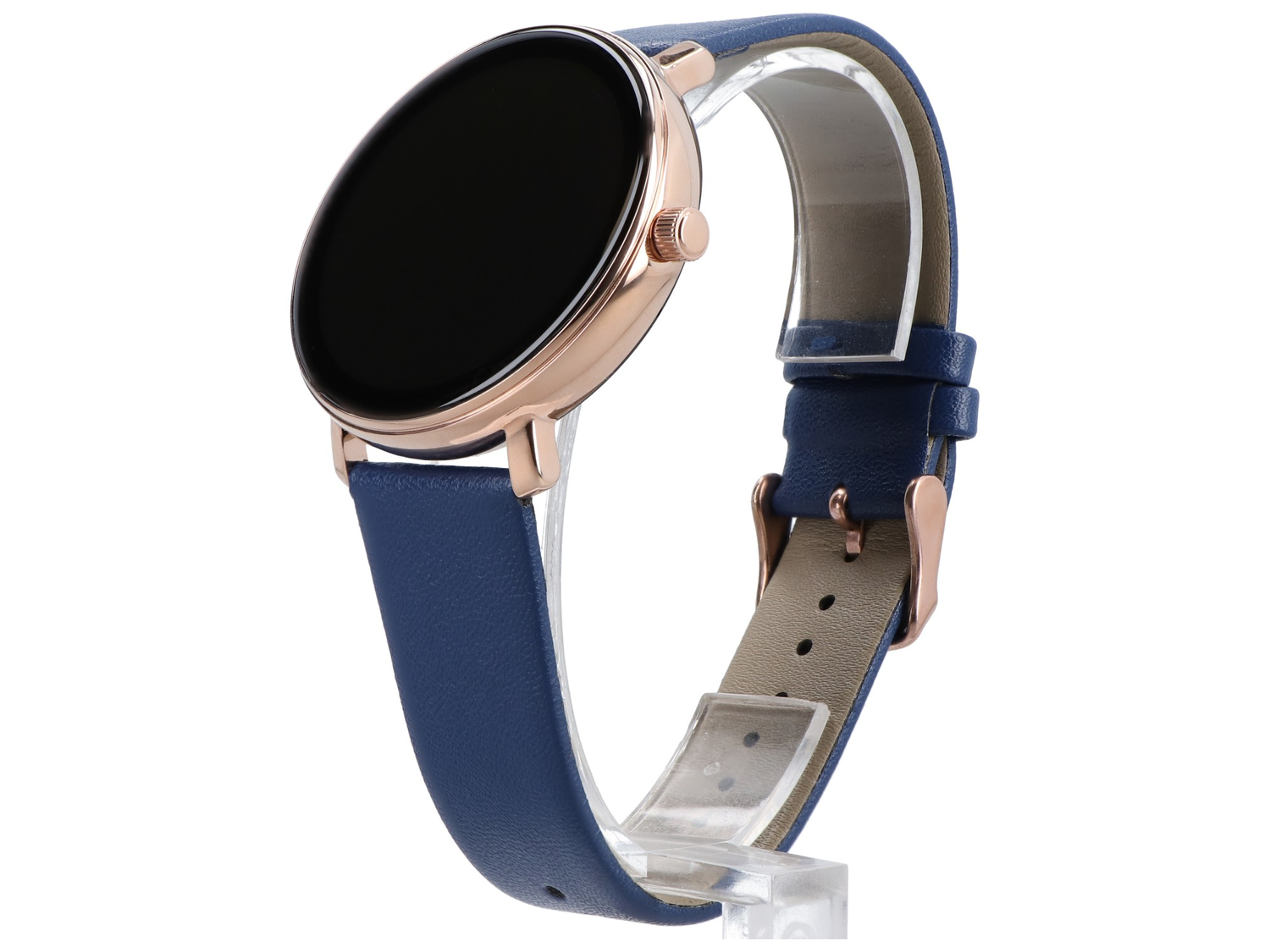 Smartwatch w kolorze różowego złota z niebieską skórzaną bransoletą na białym tle.