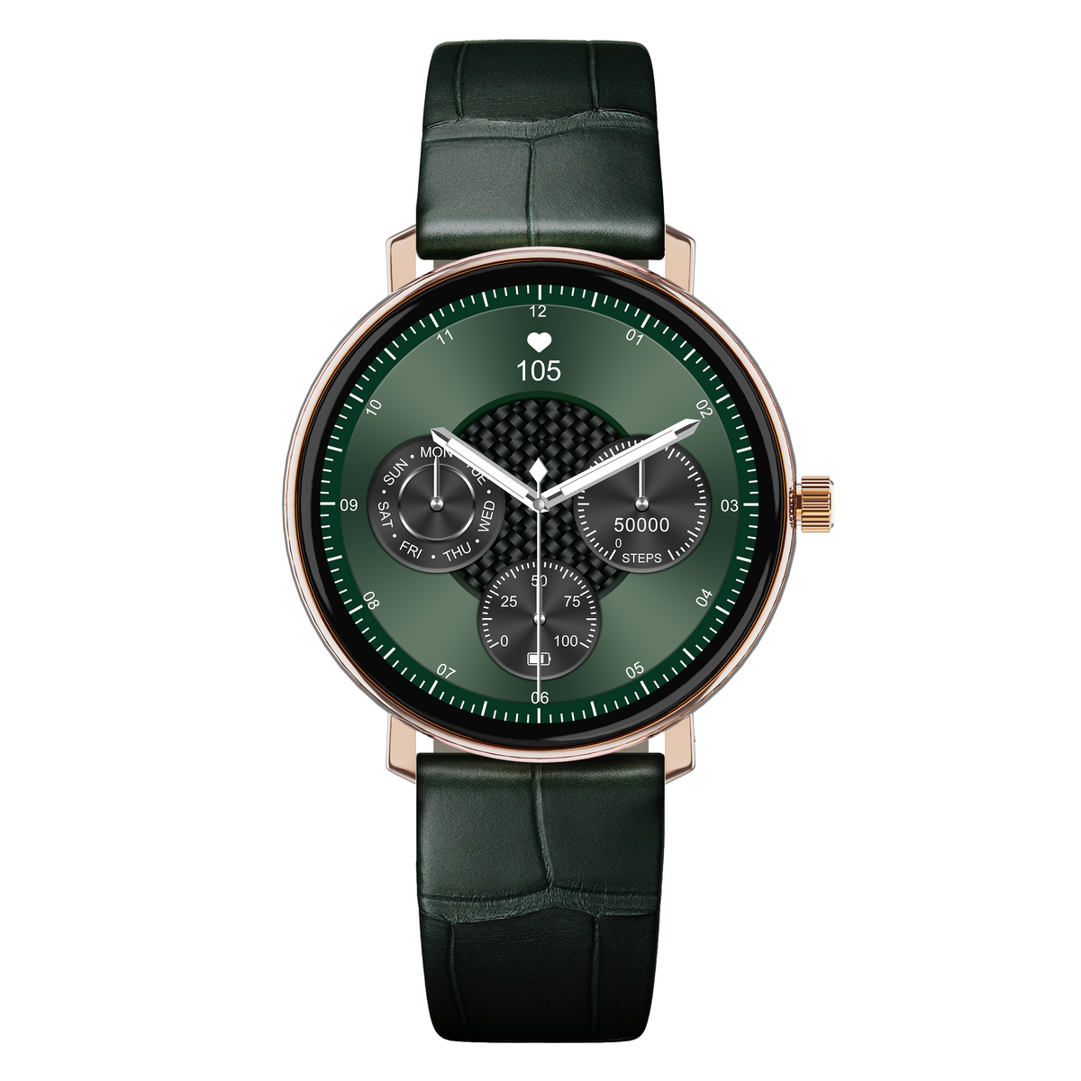 Zielony smartwatch ze złotą ramką, zielonym skórzanym paskiem i zielonym wyświetlaczem.