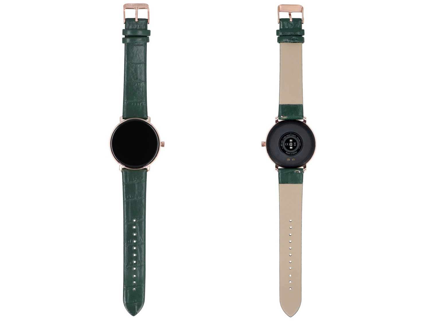 Zielony smartwatch z kopertą w kolorze różowego złota, widok z przodu i tyłu.