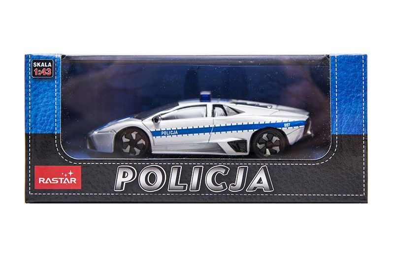 Srebrny radiowóz zabawka w skali 1:43 w pudełku z napisem POLICJA.