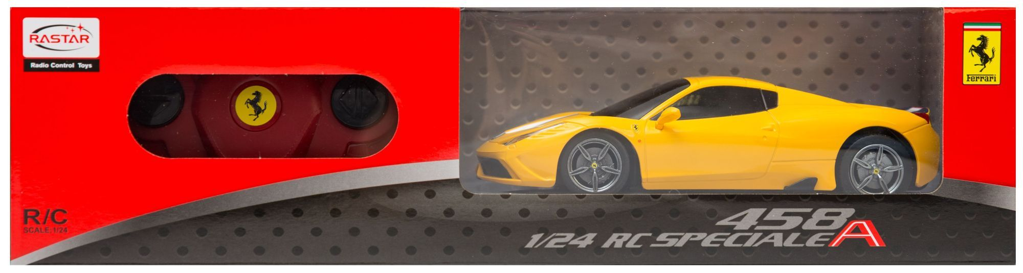Opakowanie żółtego samochodu RC Ferrari 458 w skali 1:24