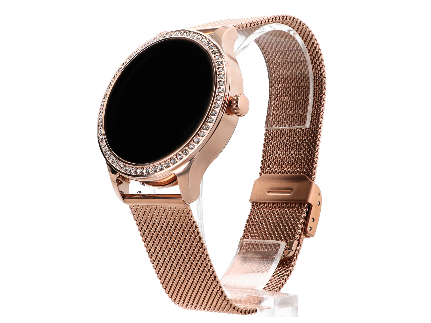 Smartwatch w kolorze różowego złota z bezelą wysadzaną diamentami i siateczkową bransoletą.