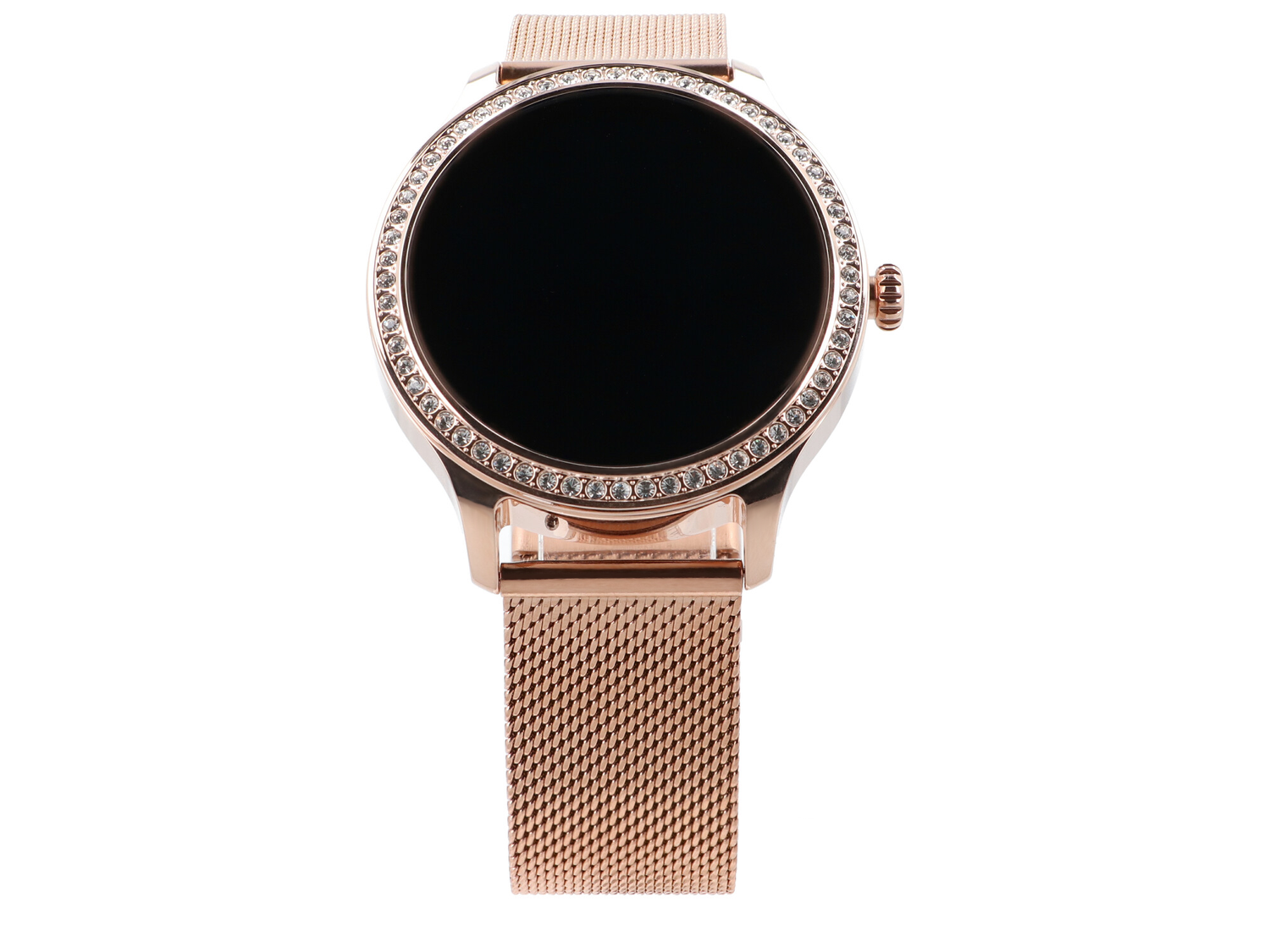 Zegarek smart rose gold z czarnym wyświetlaczem, ozdobiony kryształkami.