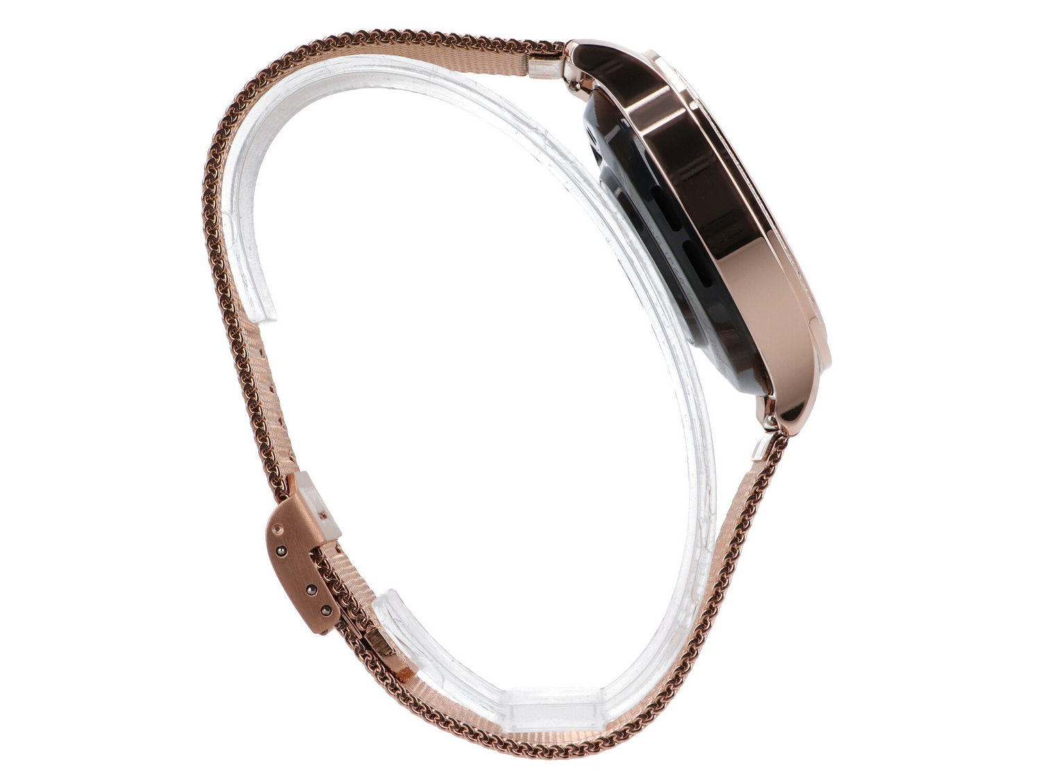 Zegarek smartwatch w kolorze różowego złota z paskiem mediolańskim na przezroczystym stojaku.