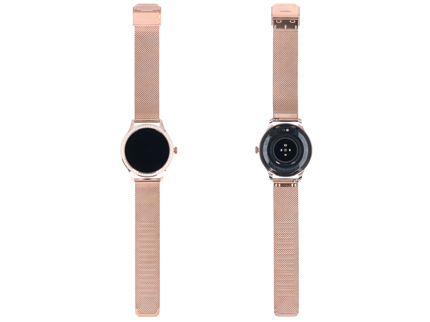 Smartwatch w kolorze różowego złota z siatkową bransoletą. Przód ekran czarny, tył sensory.