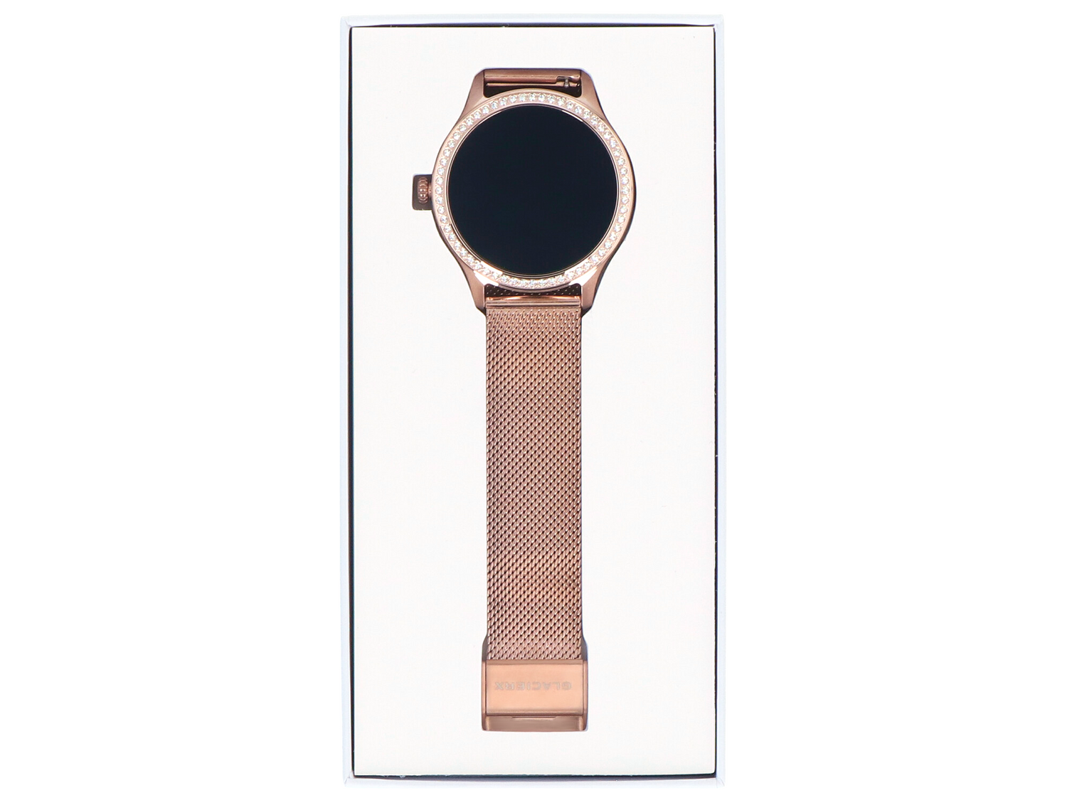 Smartwatch w kolorze różowego złota z czarnym wyświetlaczem i zdobieniami.