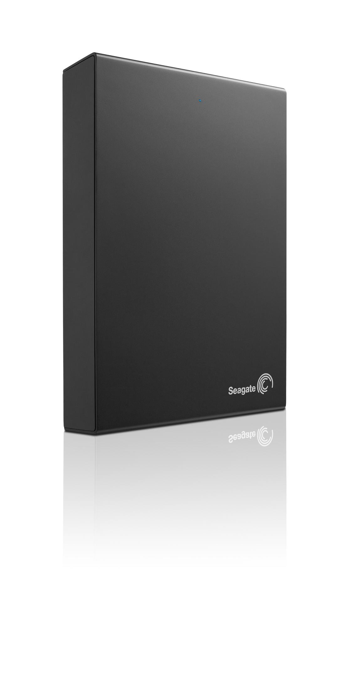 Schwarze externe Festplatte von Seagate mit einem blauen Lämpchen.