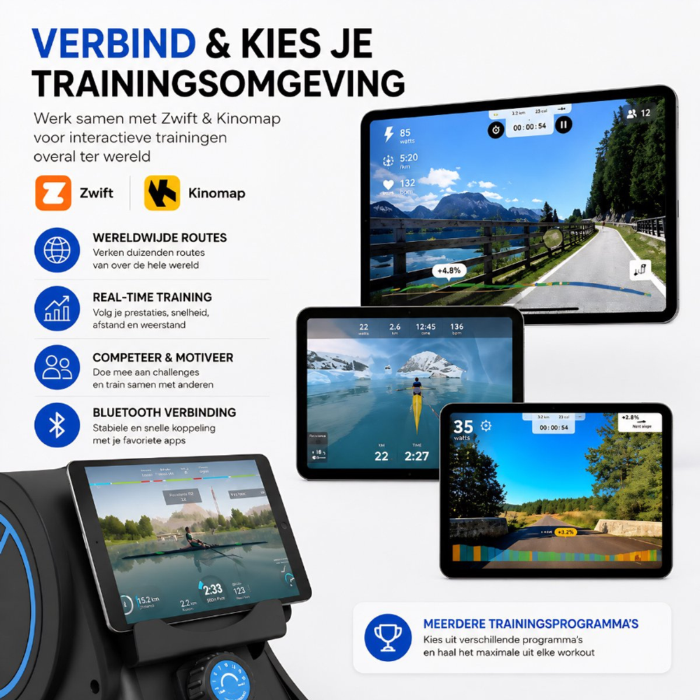Weergave van trainingsapps op tablets en telefoons met routes en statistieken.