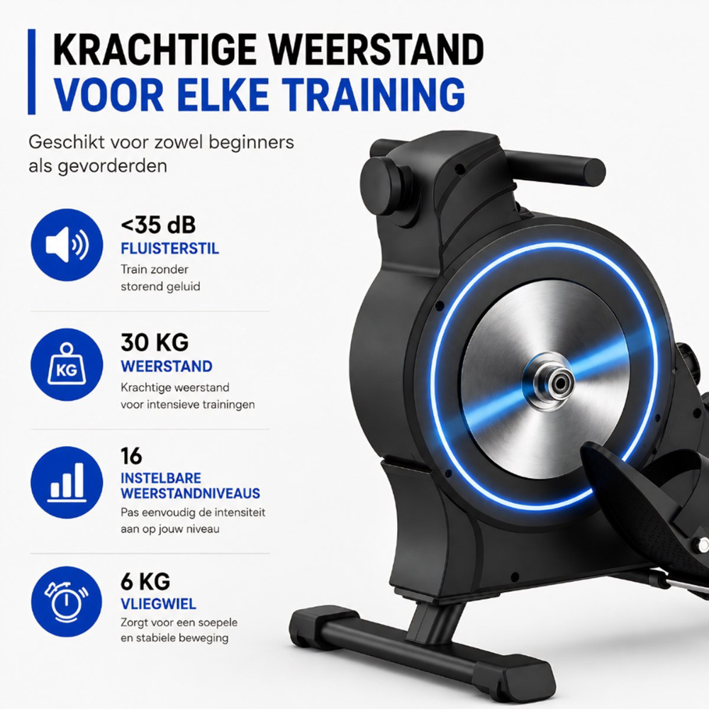 Een zwarte hometrainer met blauwe accenten, met details over weerstand en geluid.