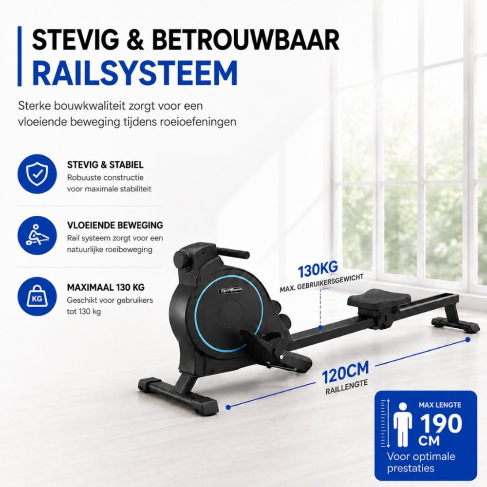 Zwarte roeimachine met blauwe accenten, max 130kg, 120cm rail.