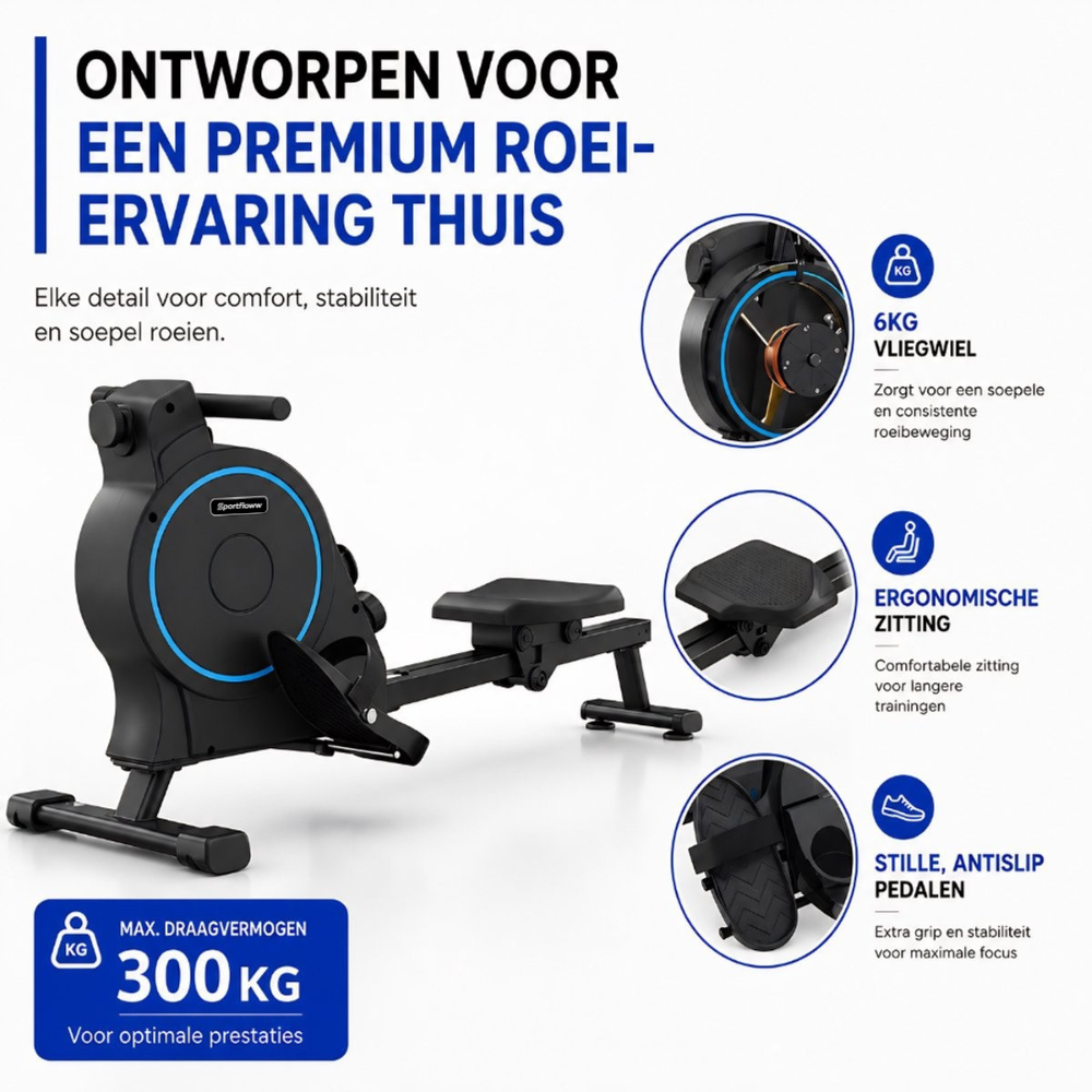 Een zwarte roeimachine met tekst en iconen die het 6 kg vliegwiel, ergonomische zitting en antislip pedalen benadrukken.
