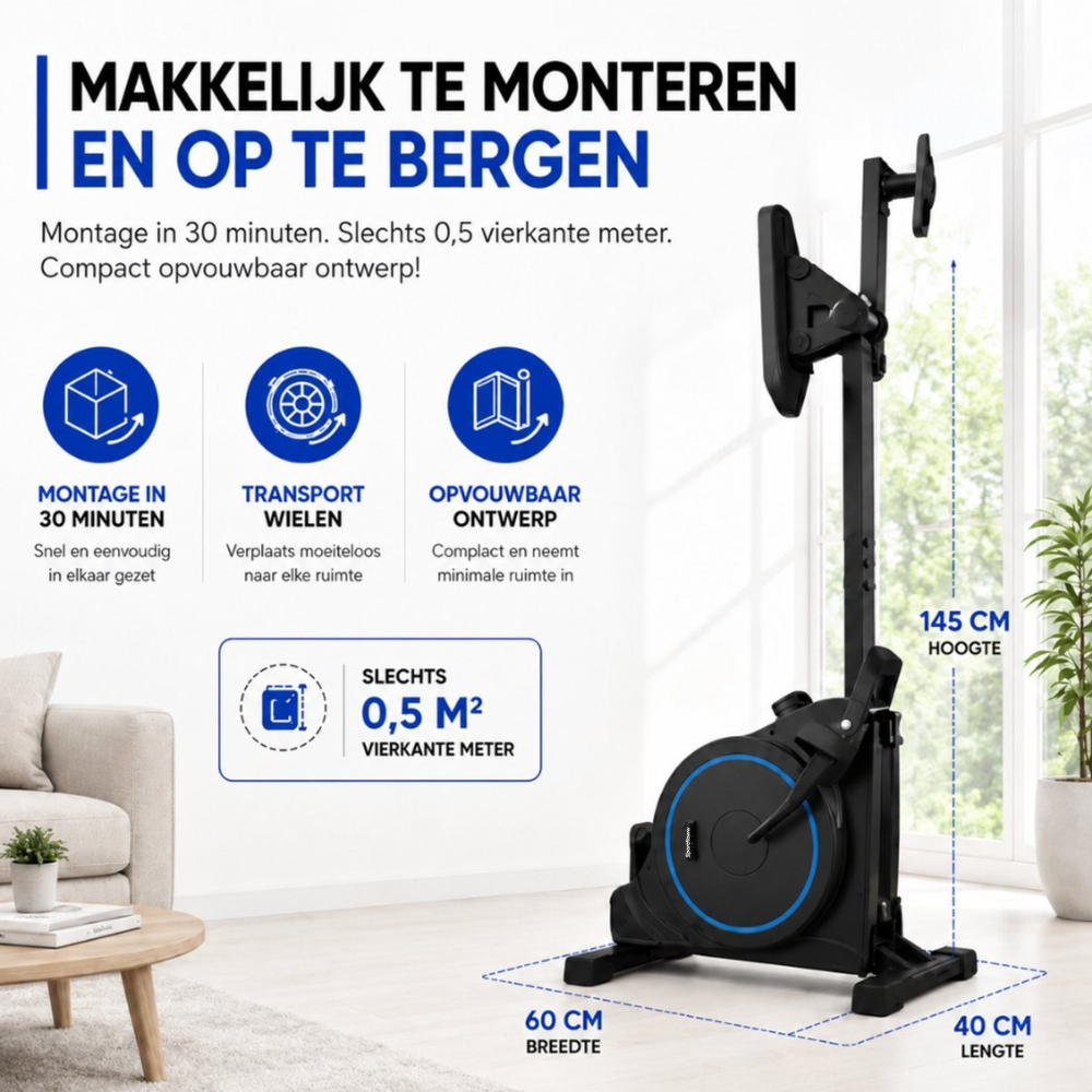Zwart fitnessapparaat met afmetingen: 145cm hoogte, 60cm breedte, 40cm lengte.