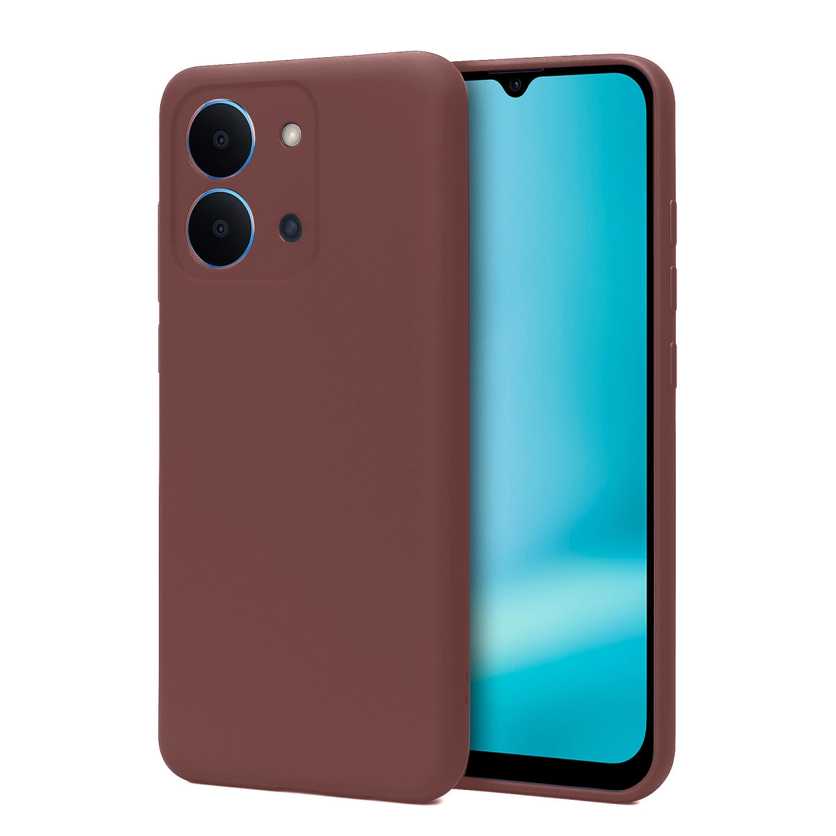 Arkada iki kamera ve flaşlı kahverengi telefon kılıfı. Ekran görünür durumda.