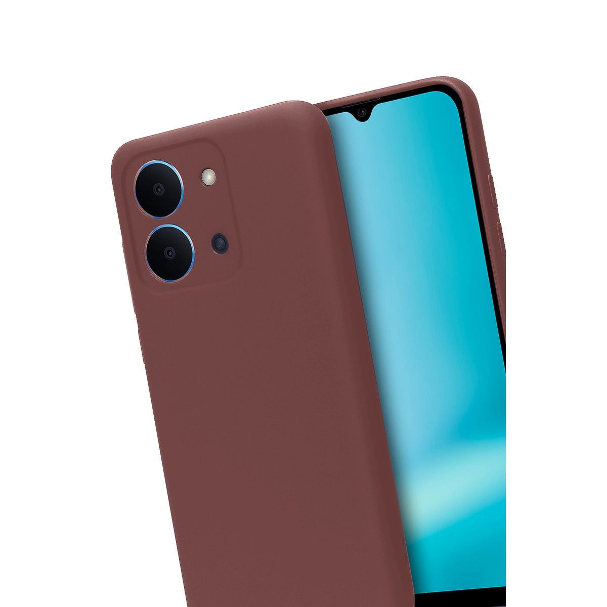 Beyaz arka planda iki kameralı kahverengi telefon ve açık mavi ekran.