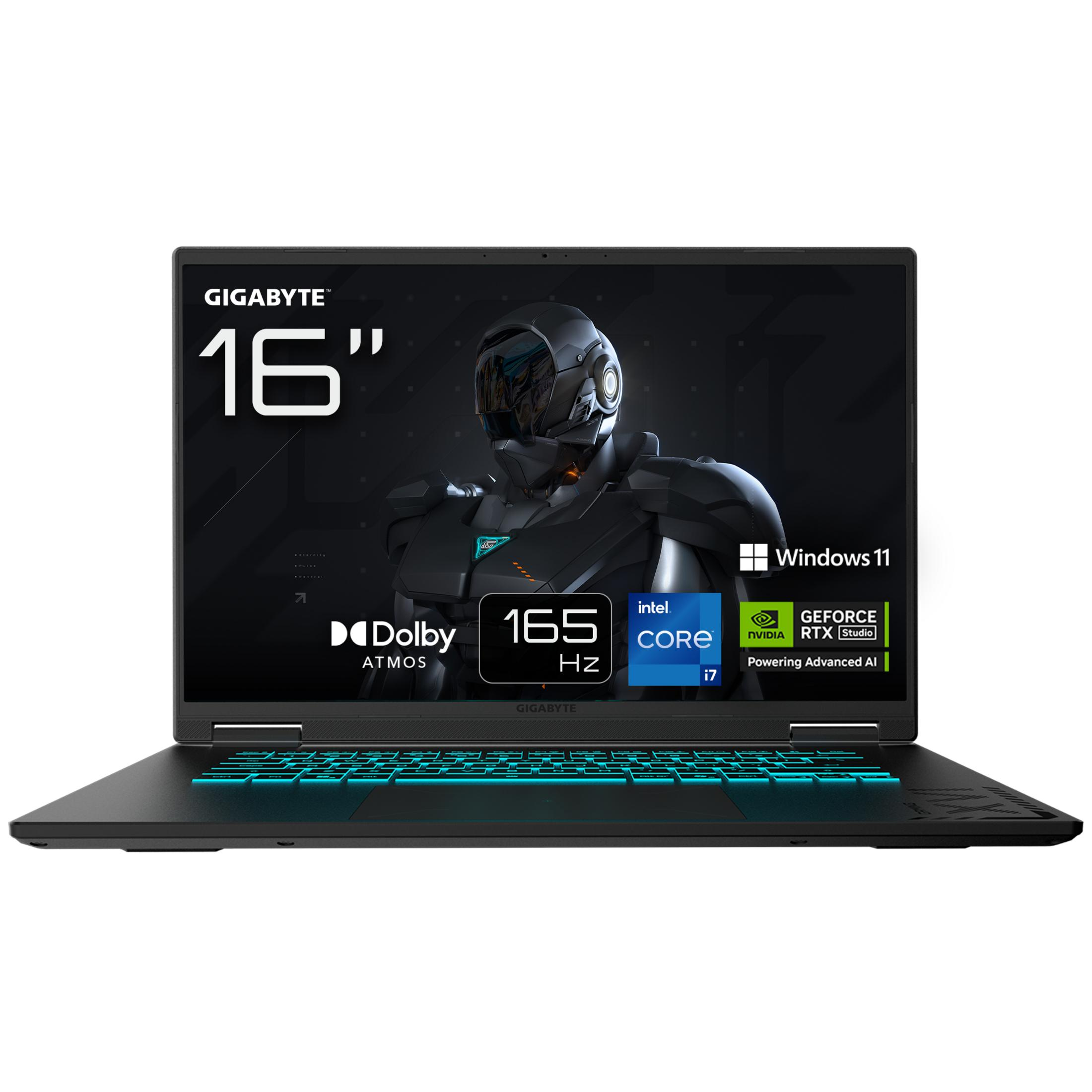 Ein schwarzer Laptop mit leuchtend blauer Tastatur und einem 16-Zoll-Display.