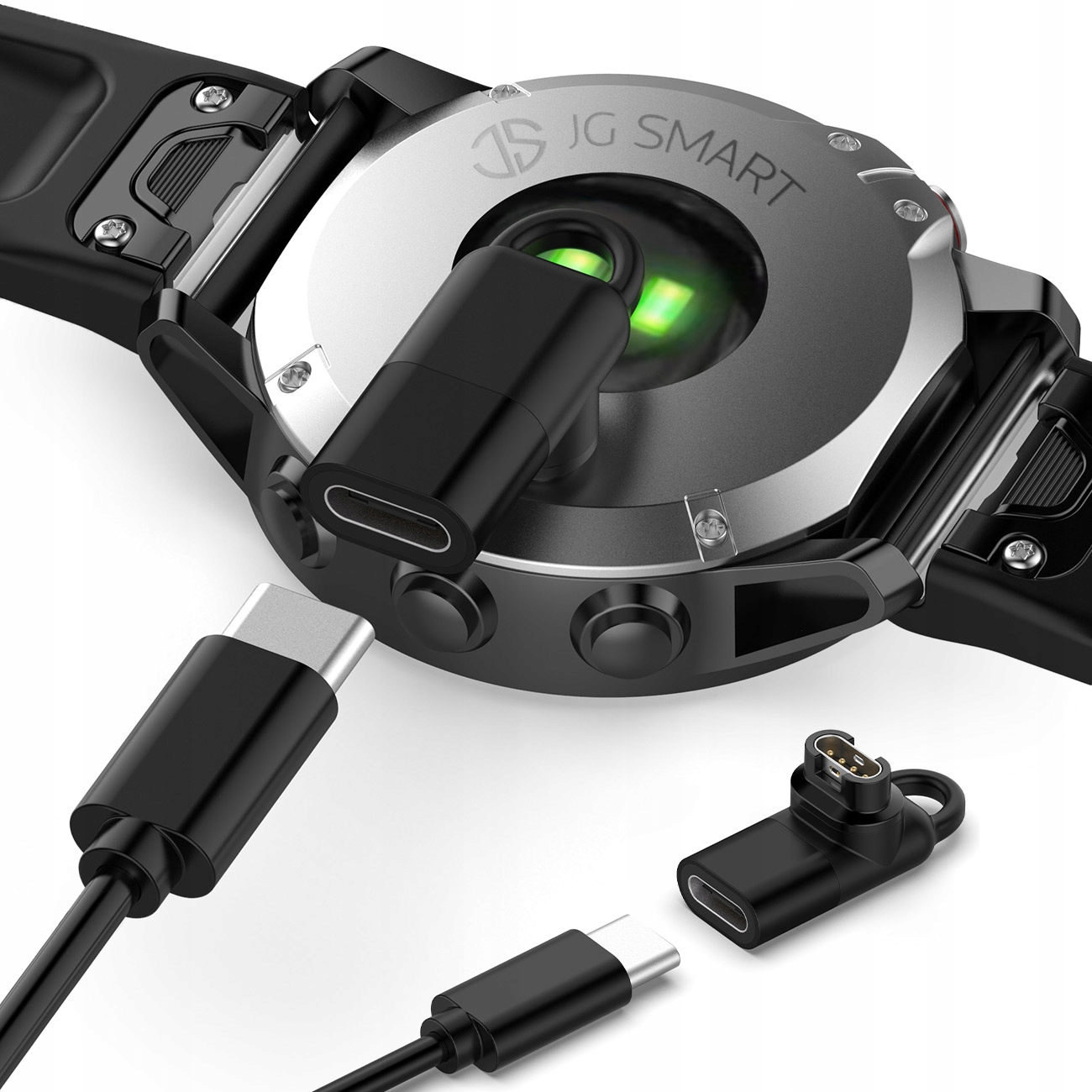 Zbliżenie na smartwatch z portem ładowania i kablami USB-C.
