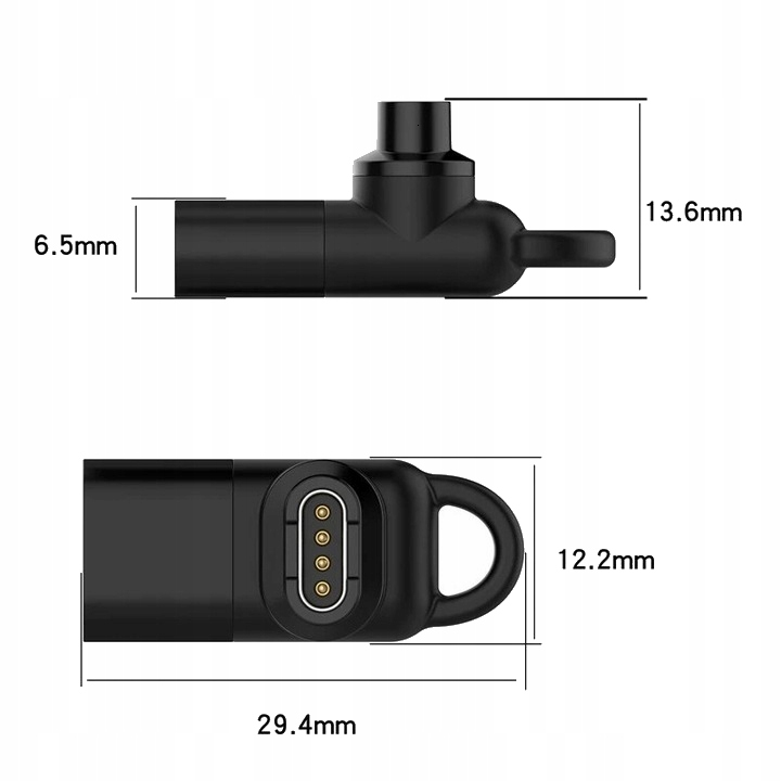 Czarny konektor ładowania o wymiarach: 6,5 mm, 13,6 mm, 12,2 mm, 29,4 mm.