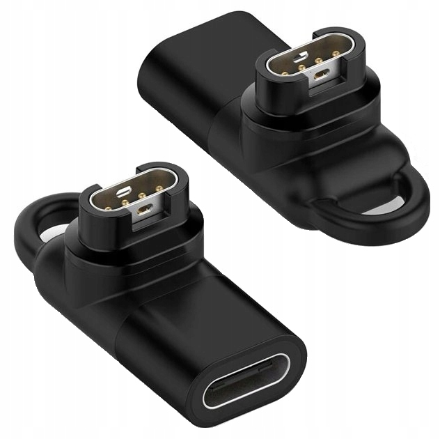 Dwa czarne adaptery USB-C, złącze kątowe na jednym końcu i port na drugim.