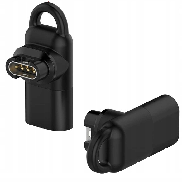 Dwa czarne adaptery USB-C z pętelkami. Jeden stoi pionowo, drugi leży.