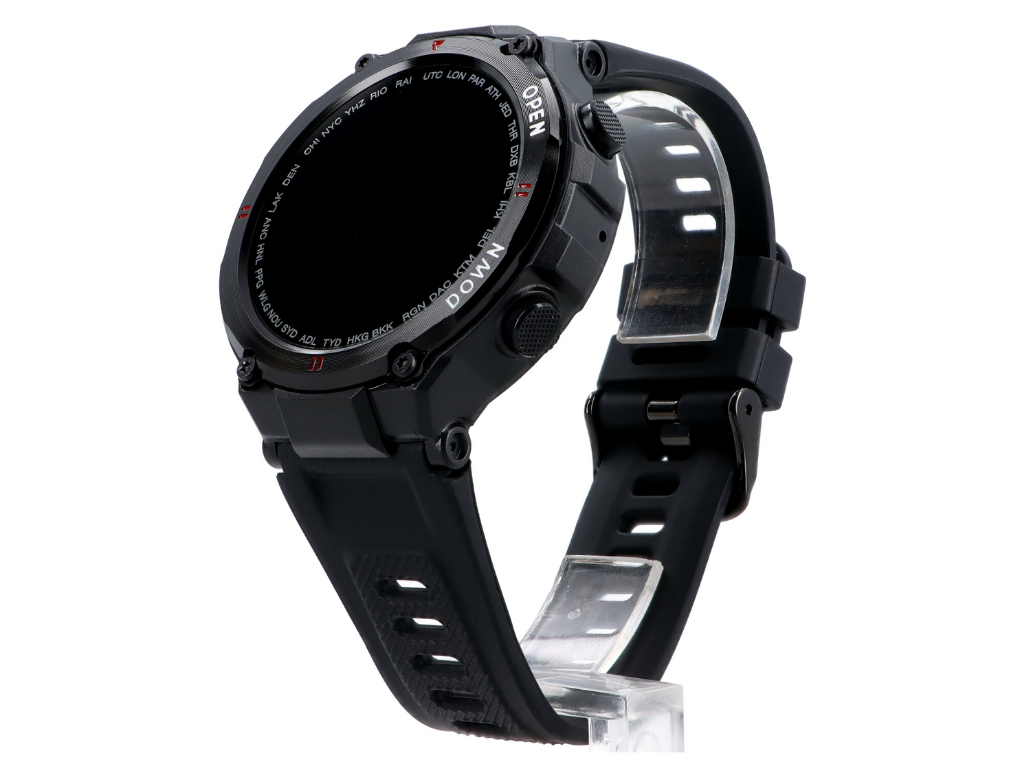 Czarny smartwatch z czarnym paskiem, na przezroczystym stojaku.