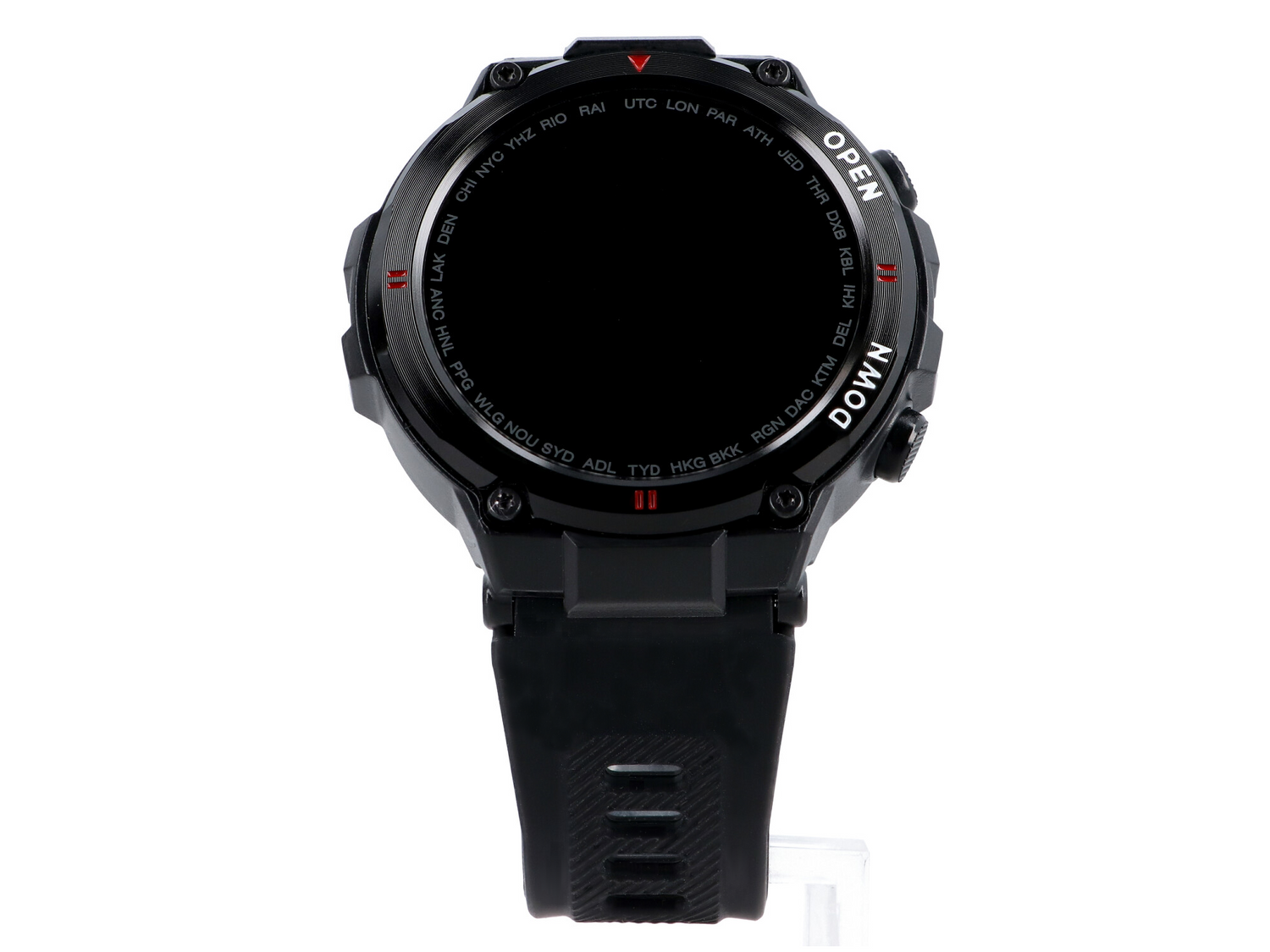 Czarny smartwatch z czarnym paskiem i okrągłym wyświetlaczem.
