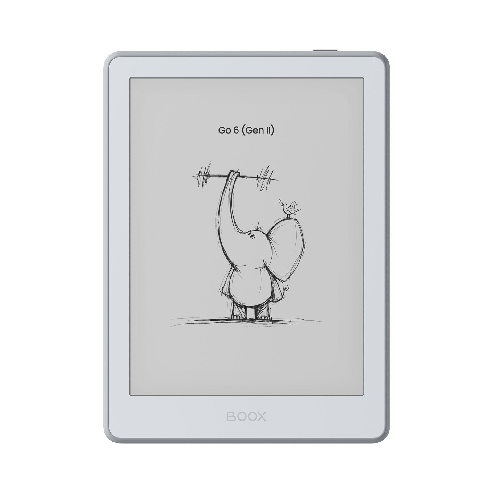 Ein E-Reader zeigt eine Zeichnung eines Elefanten, der eine Hantel hebt, mit einem Vogel auf seinem Kopf.