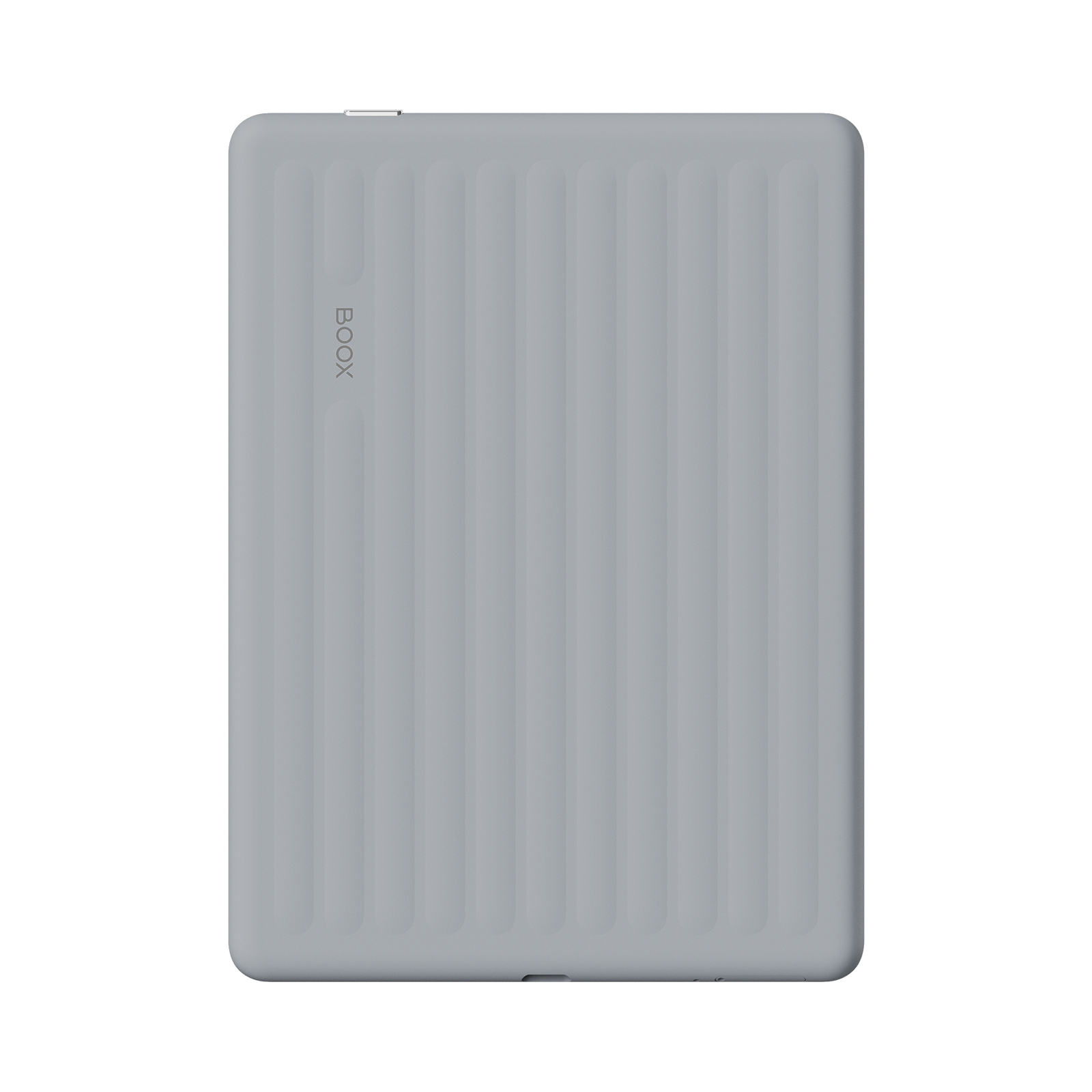 Graues E-Book-Gerät mit vertikalen Rillen und dem BOOX-Logo.