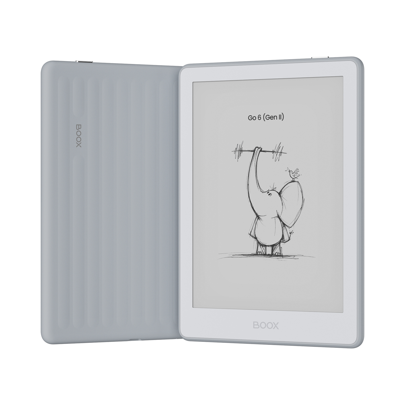 Graues E-Book mit Elefantenzeichnung auf dem Bildschirm.