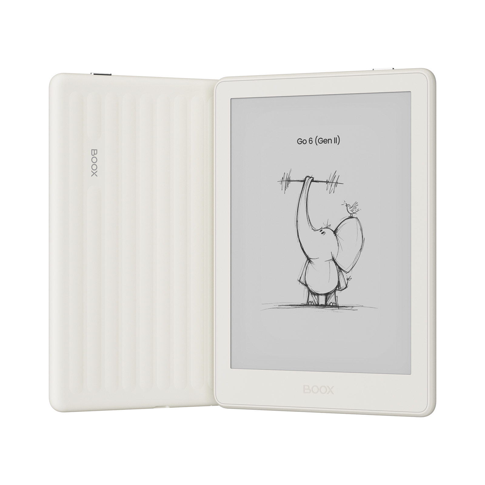 Ein weißes E-Book mit Elefantenzeichnung auf dem Bildschirm.